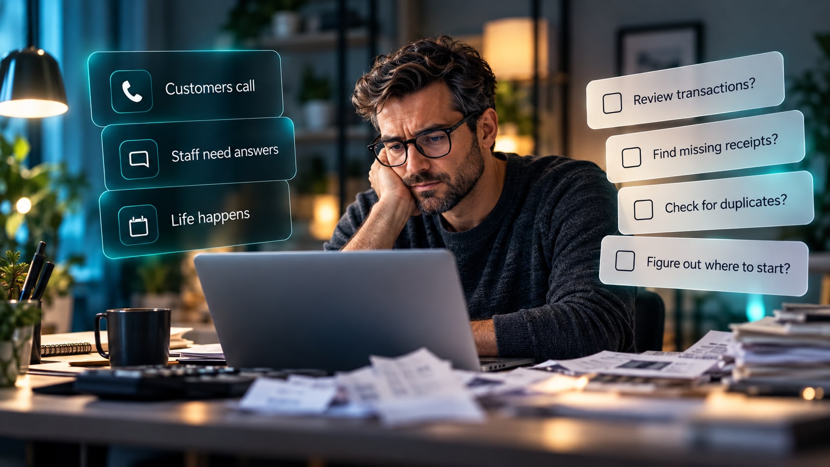 Business owner catching up on bookkeeping at a crowded desk
